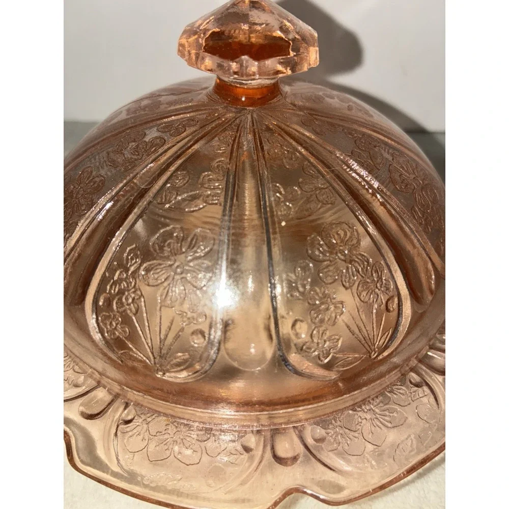 Jeannette Cherry Blossom Pink Depression Glass Covered Butter Dish 1930s Vintage